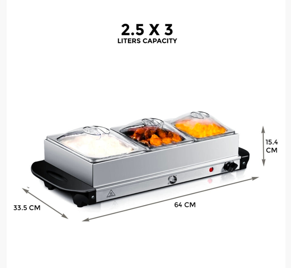 3 X 2.5L ELECTRIC FOOD WARMER BUFFET SERVER ADJUSTABLE TEMPERATURE HOTPLATE TRAY