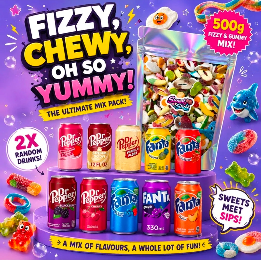 500g Fizzy & Gummy Sweet Mix with 2 Random International Drinks