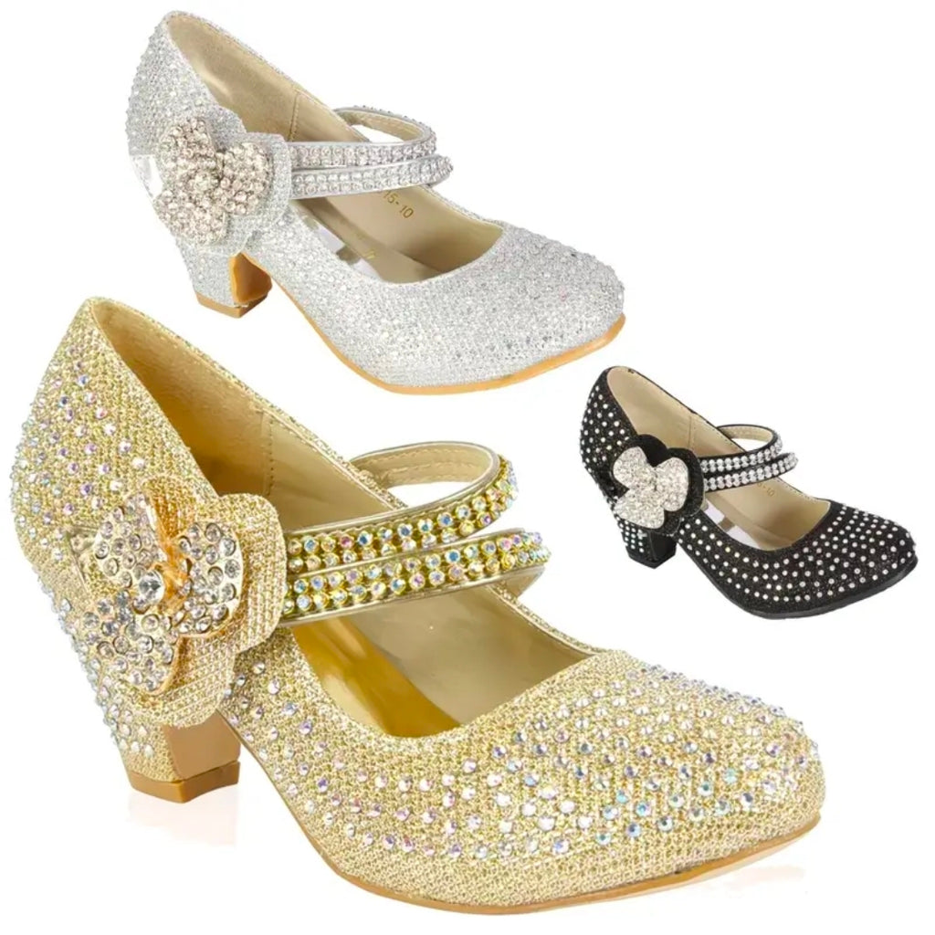 Girls Diamante Mid Heel Party Shoes