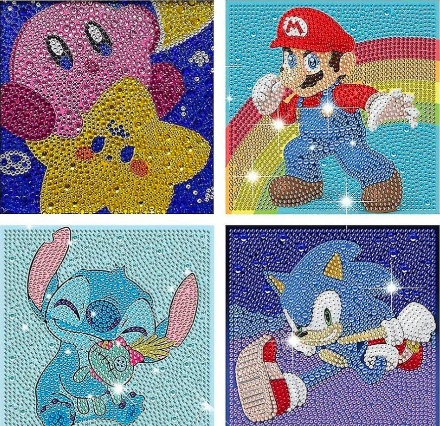 Kids Cartoon Characters Super Mario Stitch Diamond Painting Kits, 4 Pack Diamond Art For Kids Beginners